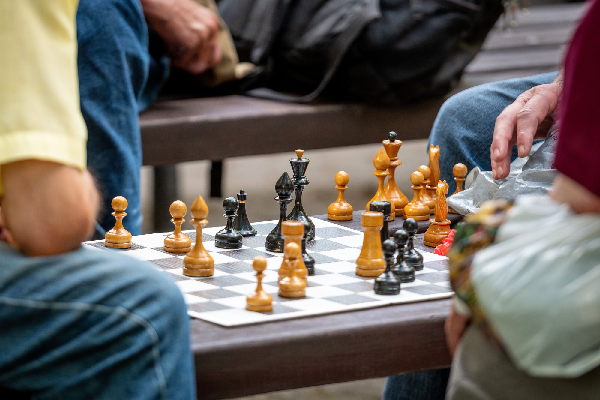 People sit in the park on benches and play chess.